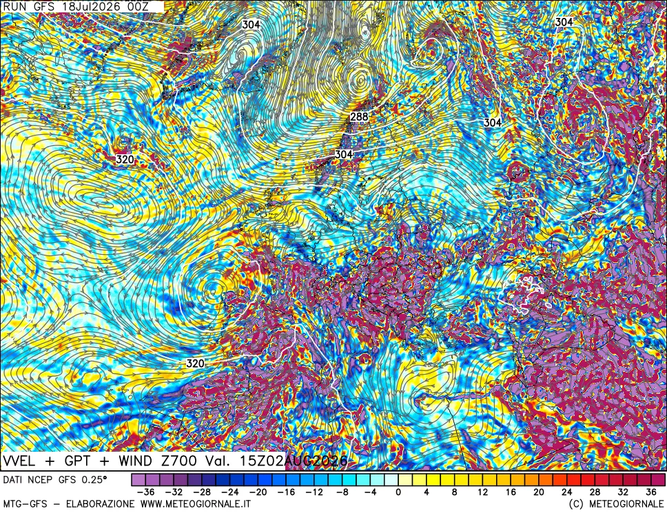 mappa 700 hPa Velocità verticiali + GPT + Vento