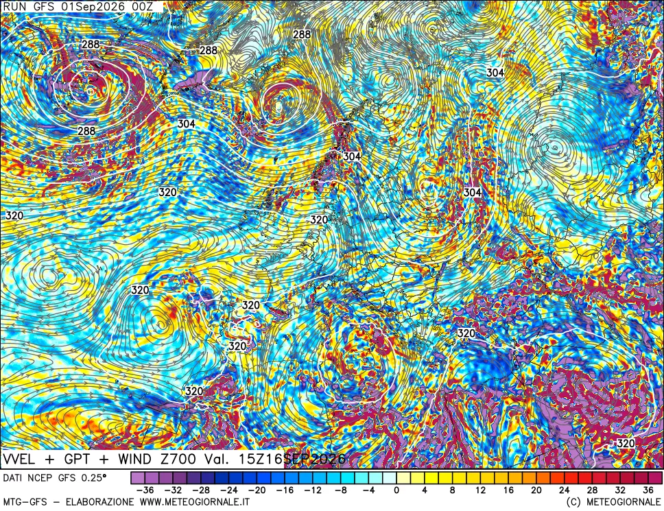 mappa 700 hPa Velocità verticiali + GPT + Vento