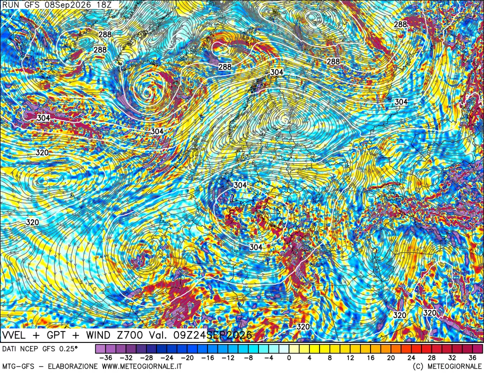 mappa 700 hPa Velocità verticiali + GPT + Vento
