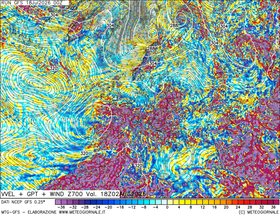 mappa 700 hPa Velocità verticiali + GPT + Vento
