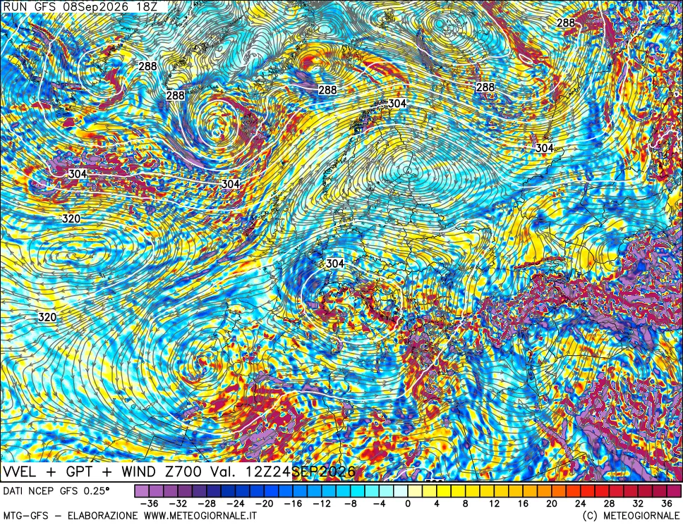 mappa 700 hPa Velocità verticiali + GPT + Vento