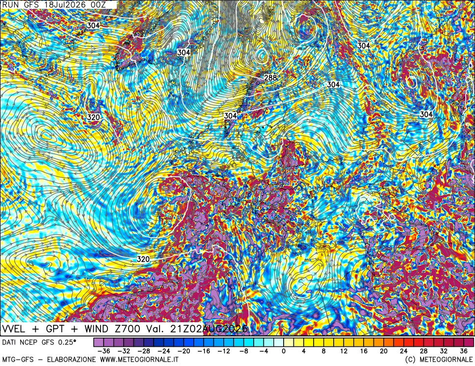 mappa 700 hPa Velocità verticiali + GPT + Vento