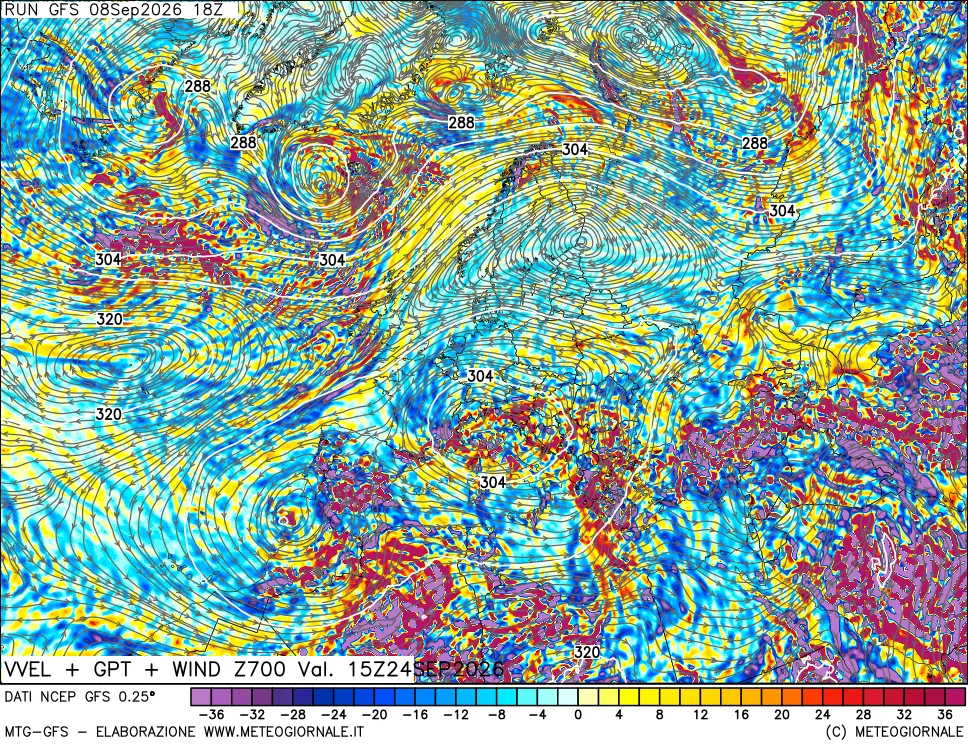 mappa 700 hPa Velocità verticiali + GPT + Vento