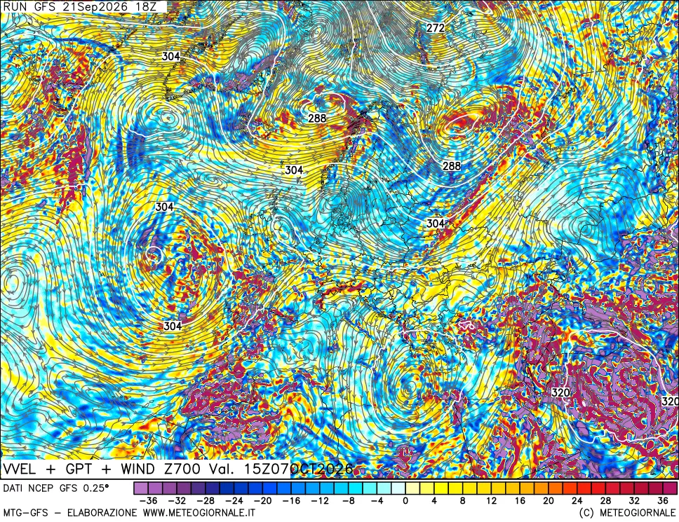 mappa 700 hPa Velocità verticiali + GPT + Vento