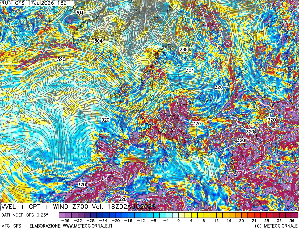 mappa 700 hPa Velocità verticiali + GPT + Vento