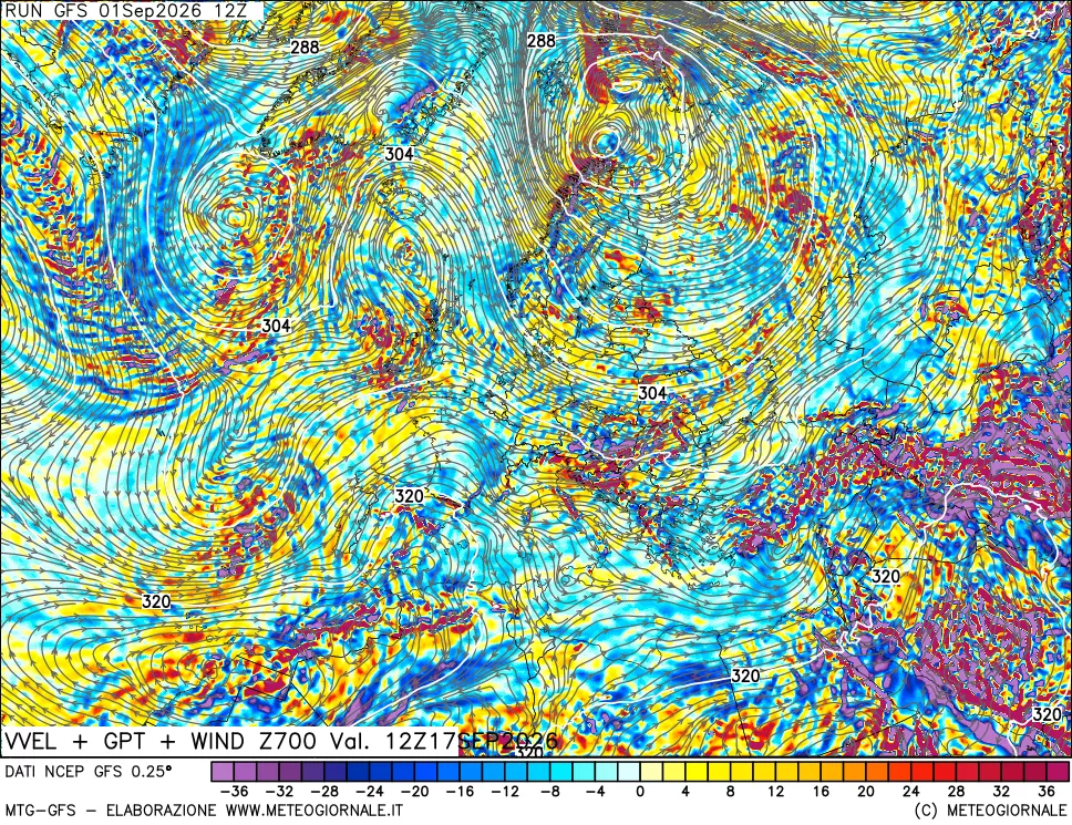 mappa 700 hPa Velocità verticiali + GPT + Vento