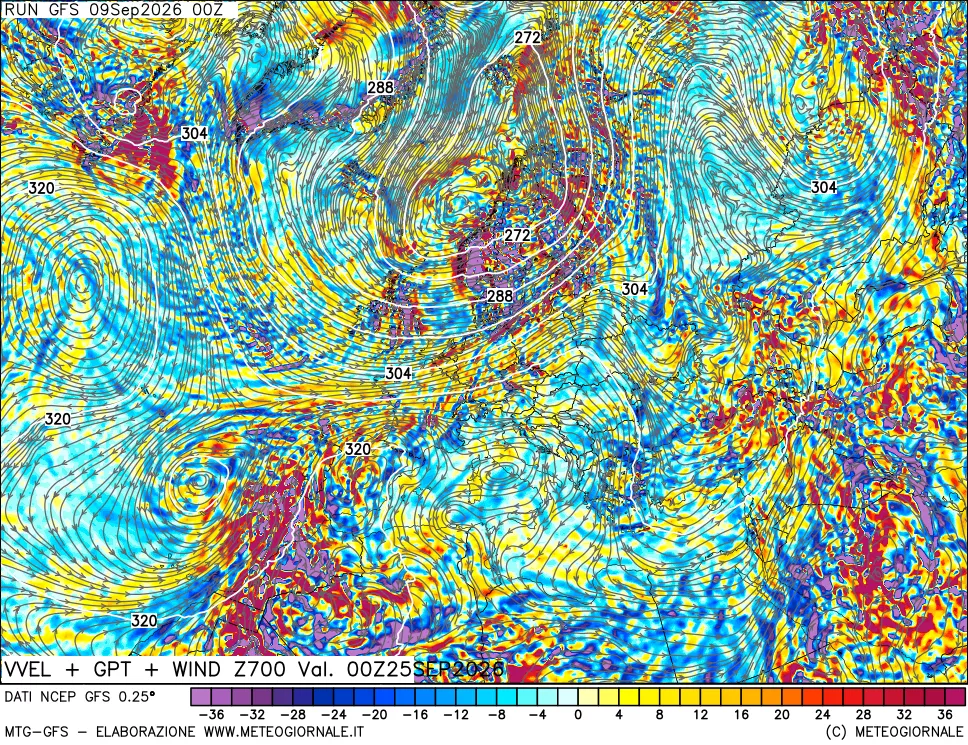 mappa 700 hPa Velocità verticiali + GPT + Vento