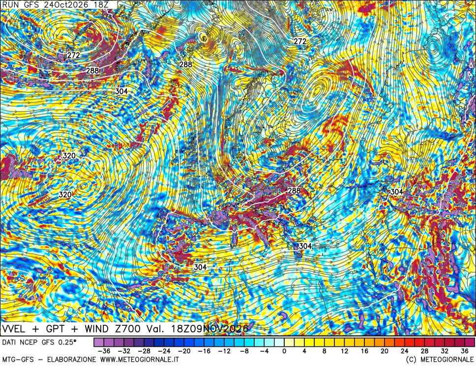 mappa 700 hPa Velocità verticiali + GPT + Vento