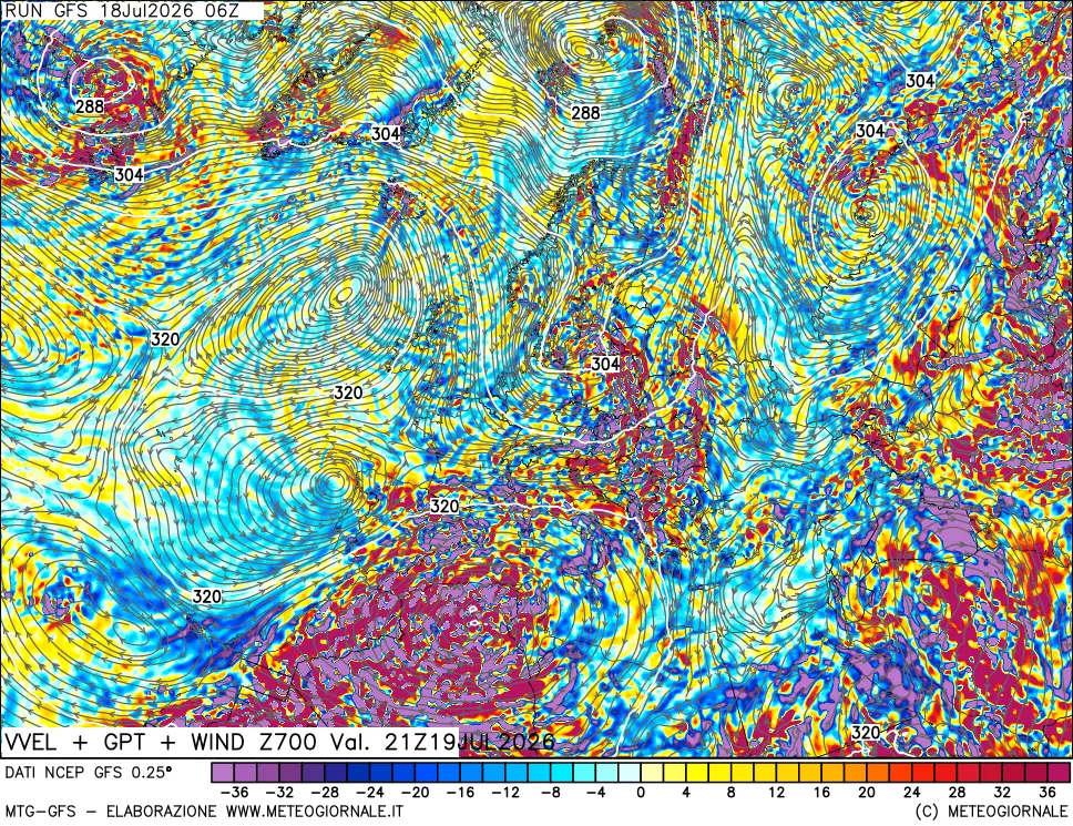 mappa 700 hPa Velocità verticiali + GPT + Vento