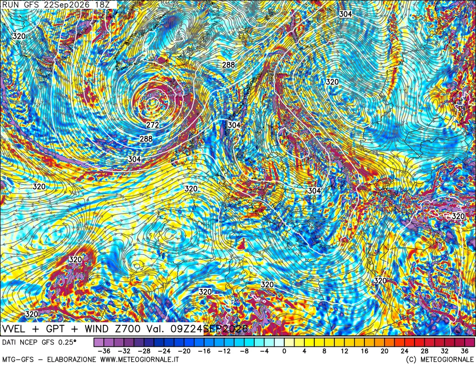 mappa 700 hPa Velocità verticiali + GPT + Vento