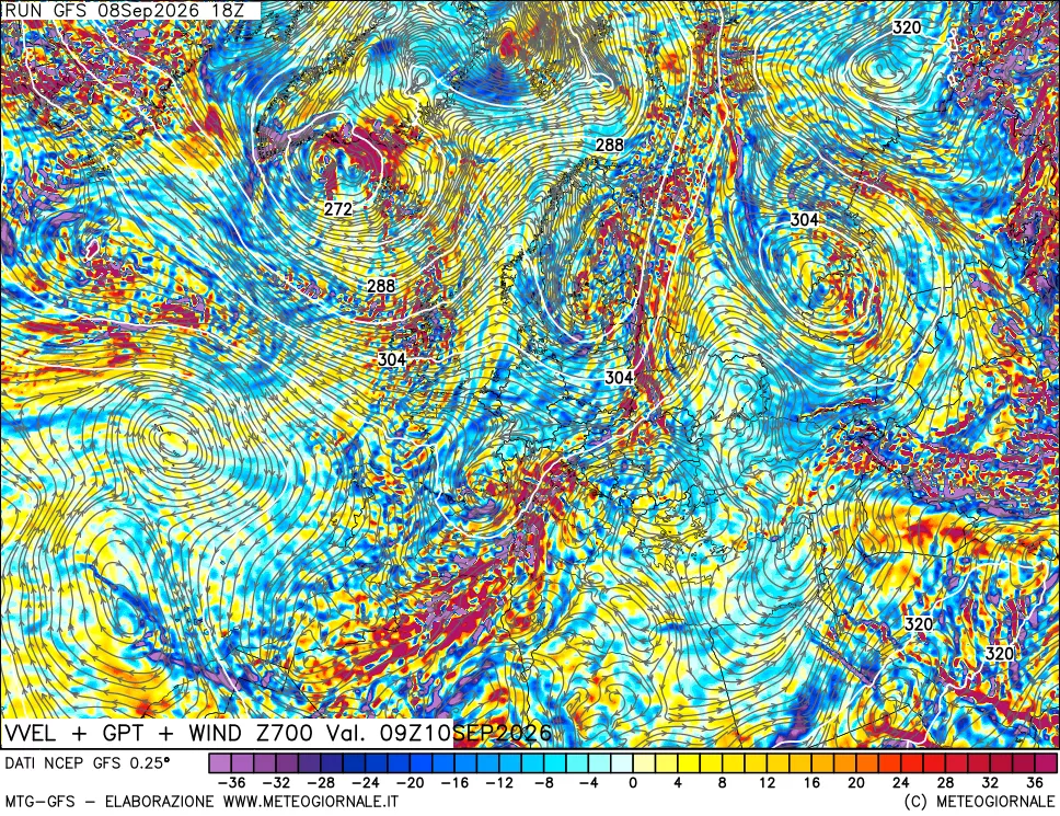 mappa 700 hPa Velocità verticiali + GPT + Vento