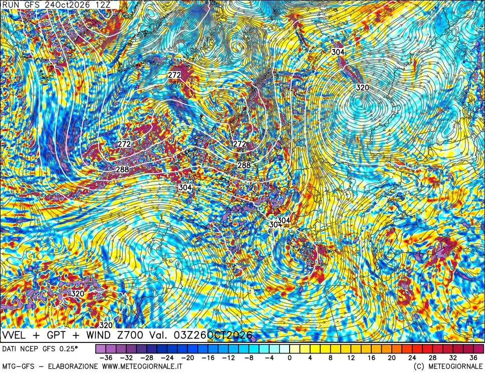 mappa 700 hPa Velocità verticiali + GPT + Vento