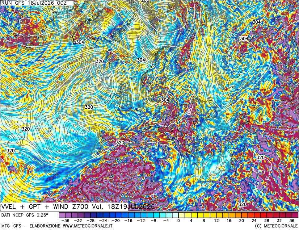 mappa 700 hPa Velocità verticiali + GPT + Vento