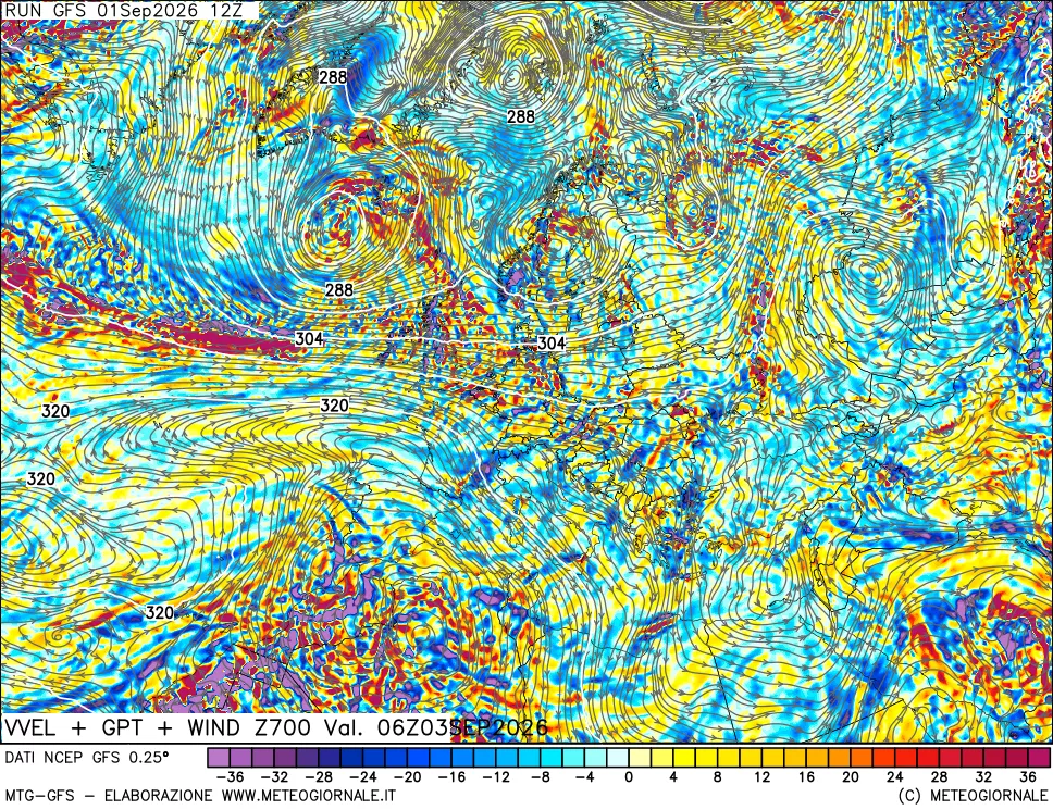 mappa 700 hPa Velocità verticiali + GPT + Vento