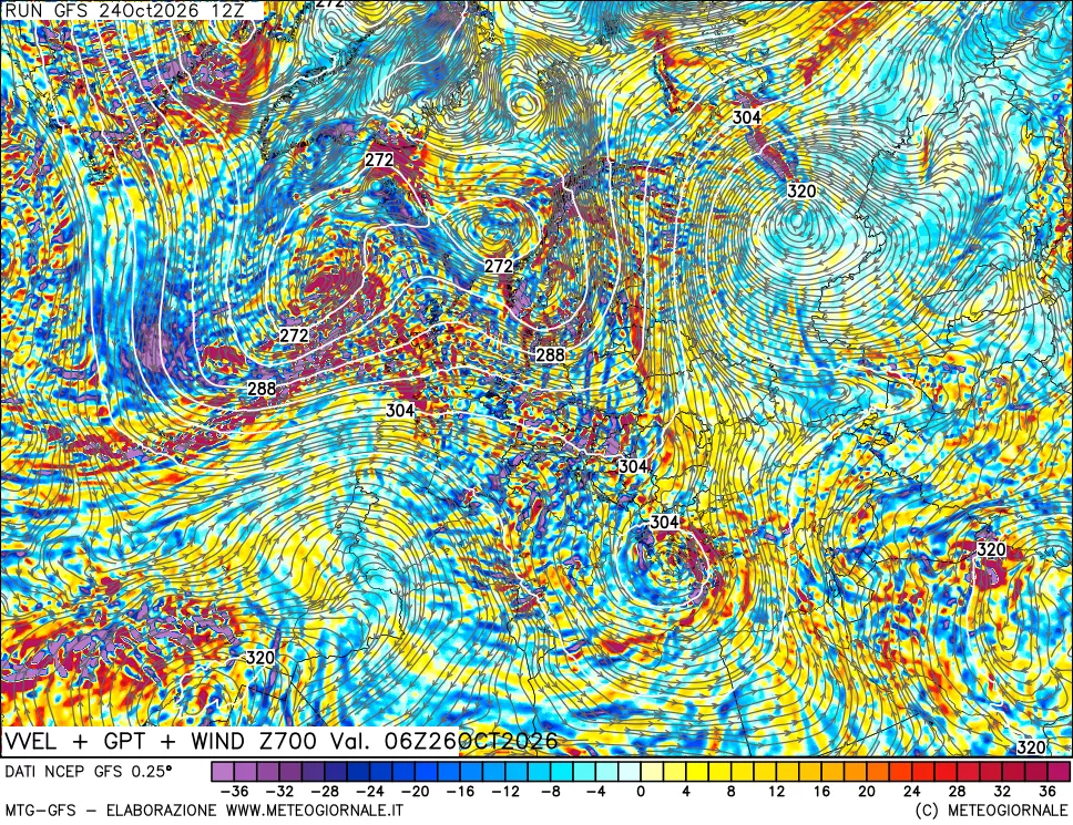 mappa 700 hPa Velocità verticiali + GPT + Vento