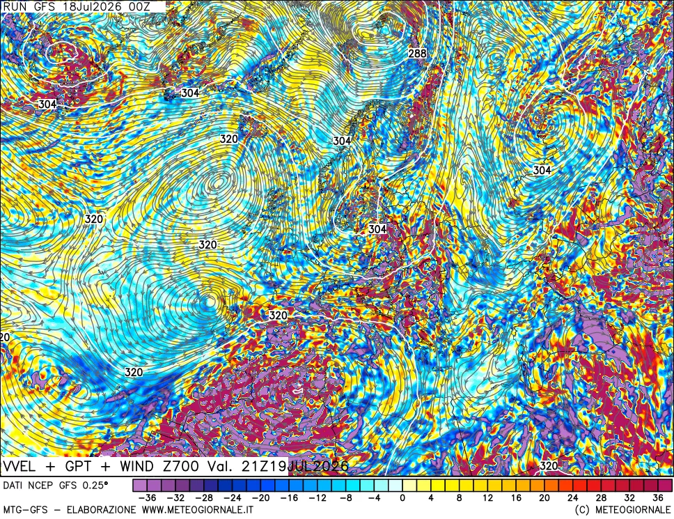 mappa 700 hPa Velocità verticiali + GPT + Vento