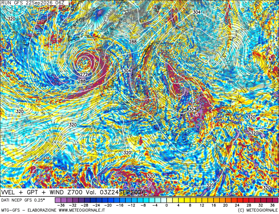 mappa 700 hPa Velocità verticiali + GPT + Vento