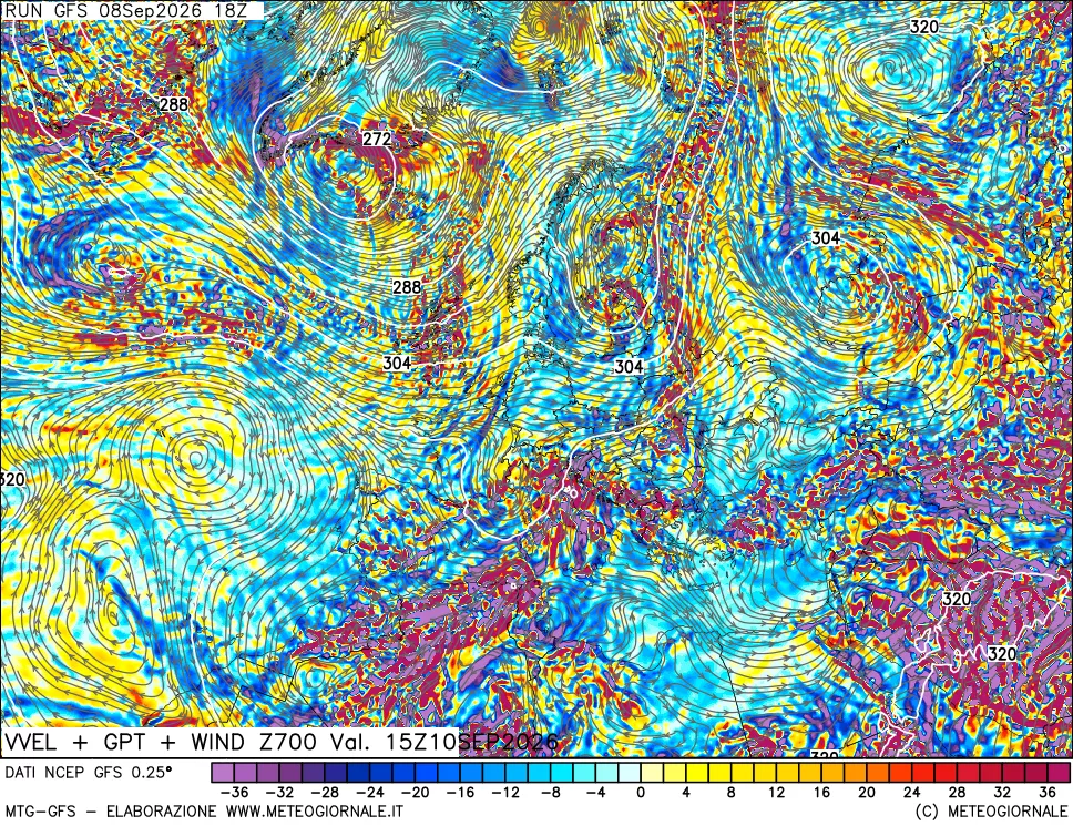 mappa 700 hPa Velocità verticiali + GPT + Vento