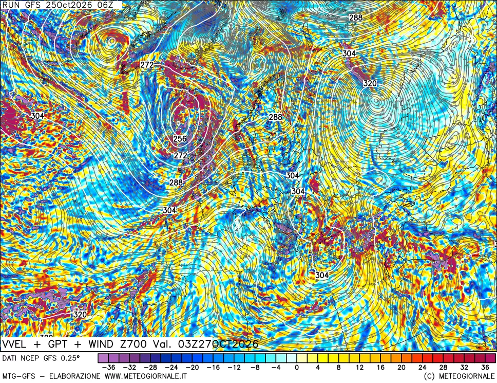 mappa 700 hPa Velocità verticiali + GPT + Vento