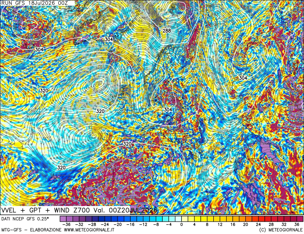 mappa 700 hPa Velocità verticiali + GPT + Vento