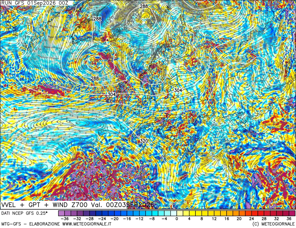 mappa 700 hPa Velocità verticiali + GPT + Vento