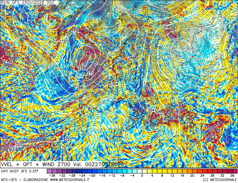 mappa 700 hPa Velocità verticiali + GPT + Vento