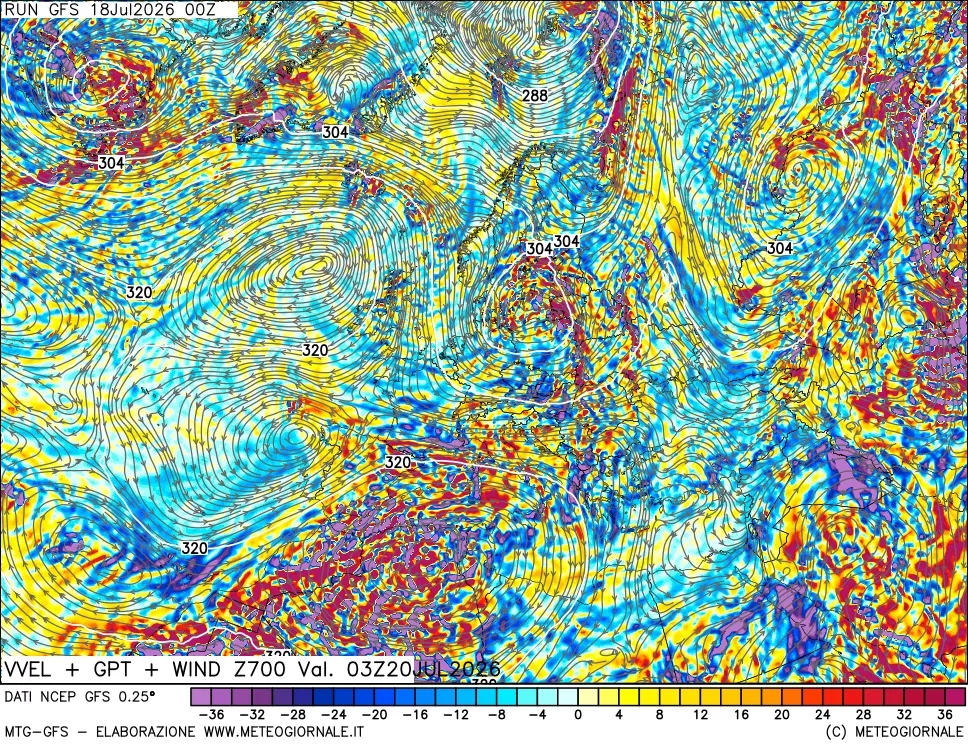 mappa 700 hPa Velocità verticiali + GPT + Vento