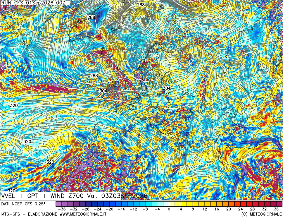 mappa 700 hPa Velocità verticiali + GPT + Vento
