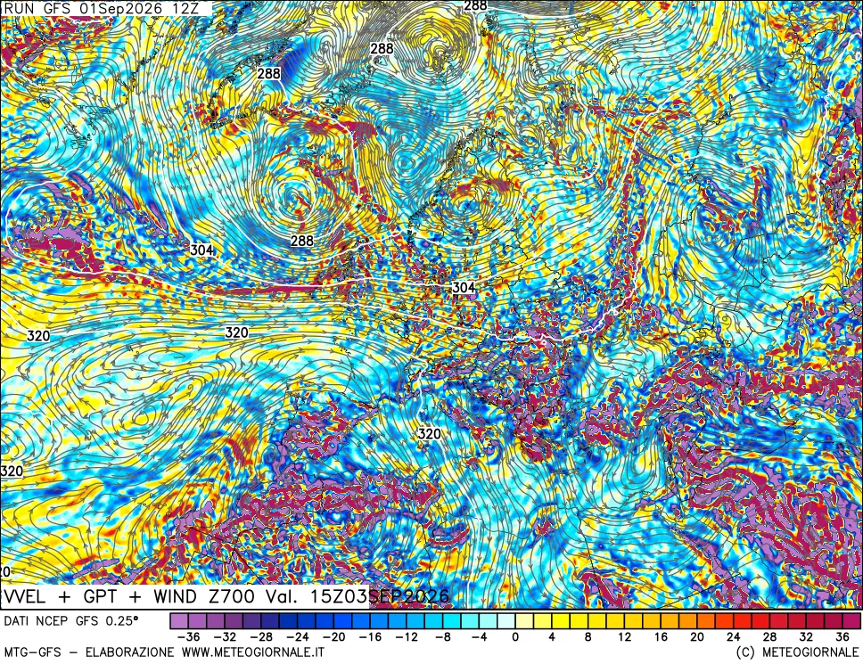 mappa 700 hPa Velocità verticiali + GPT + Vento