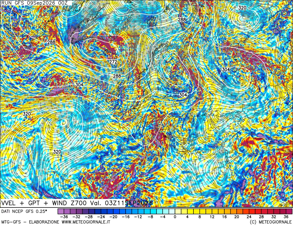 mappa 700 hPa Velocità verticiali + GPT + Vento