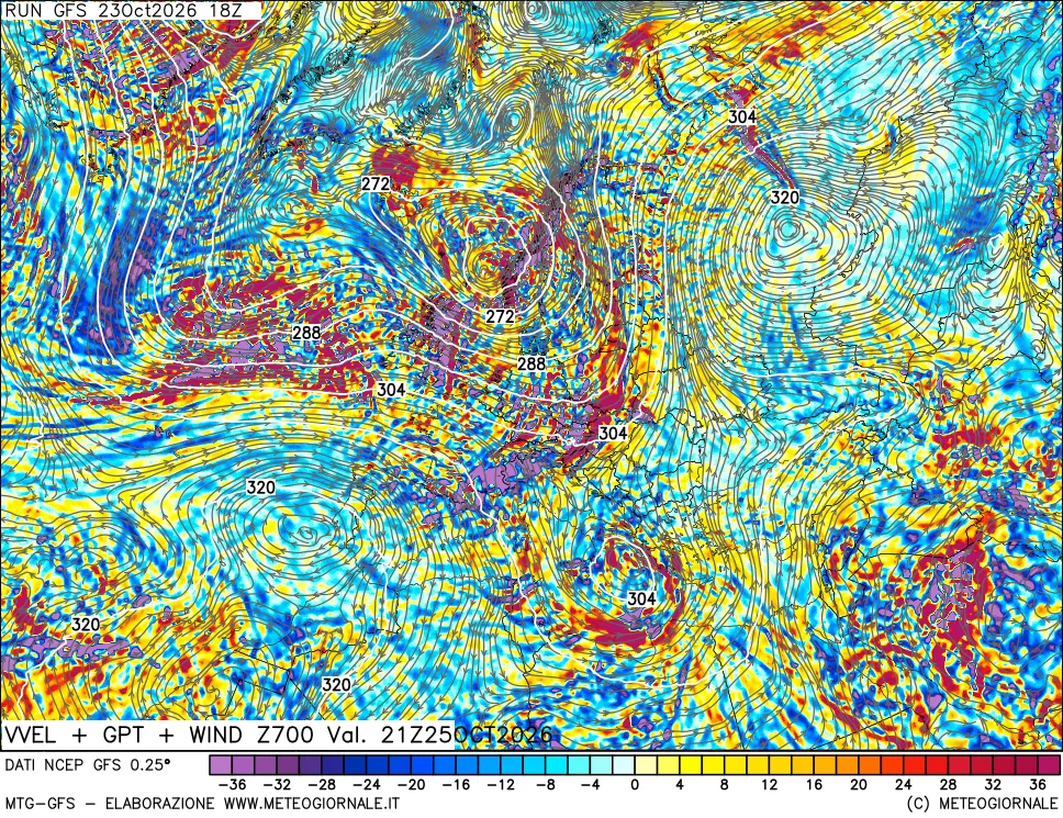 mappa 700 hPa Velocità verticiali + GPT + Vento