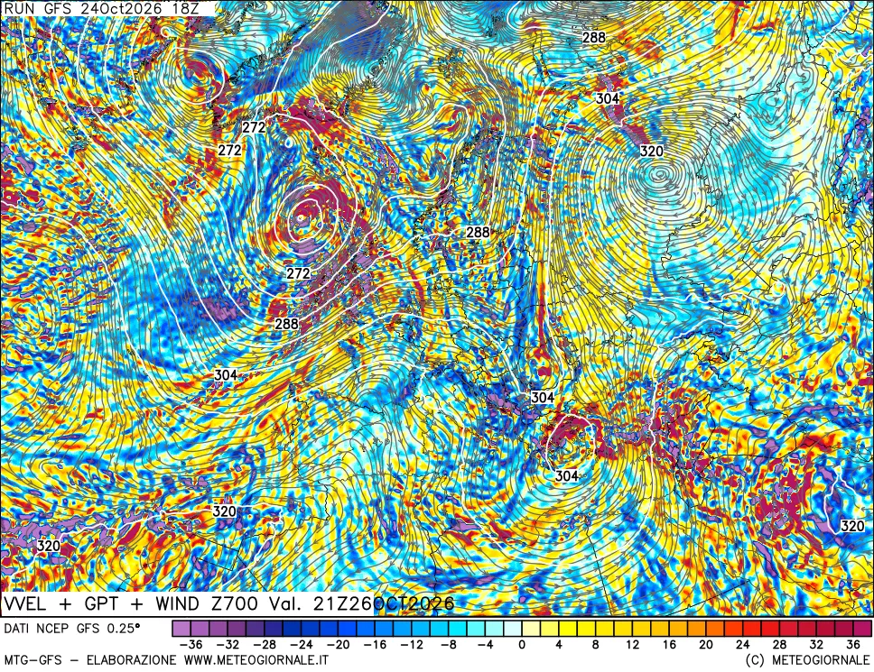 mappa 700 hPa Velocità verticiali + GPT + Vento