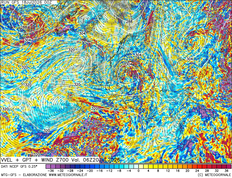 mappa 700 hPa Velocità verticiali + GPT + Vento