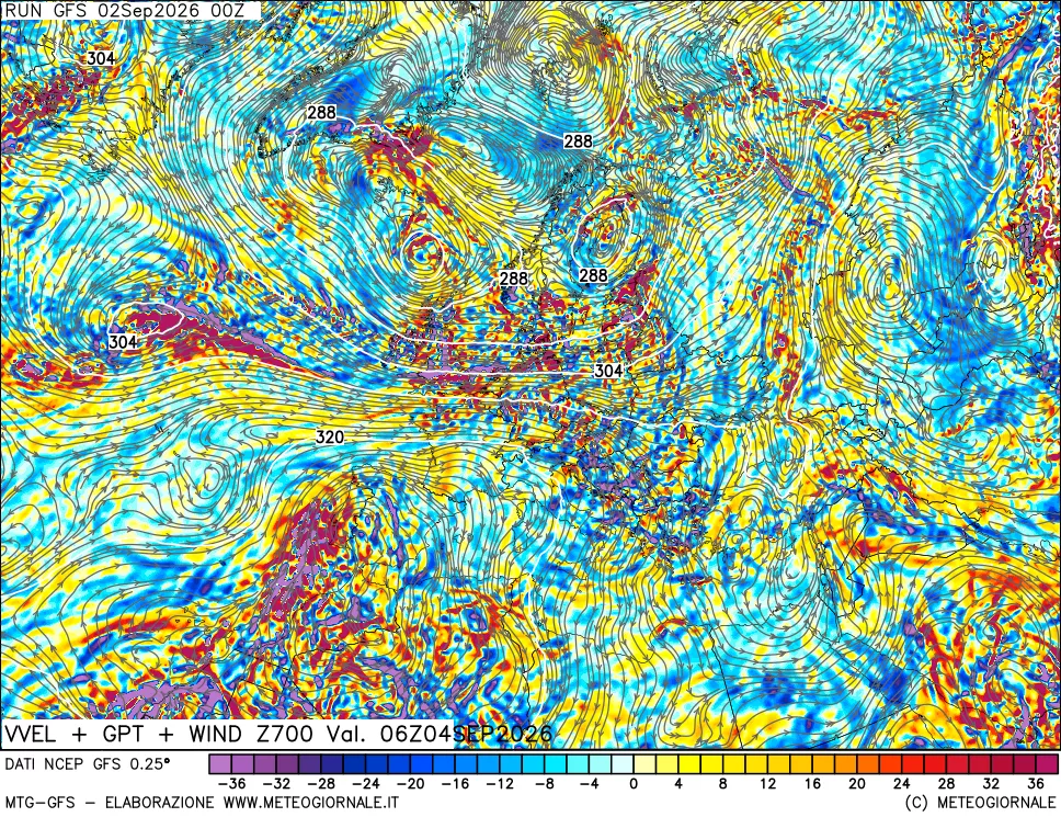mappa 700 hPa Velocità verticiali + GPT + Vento