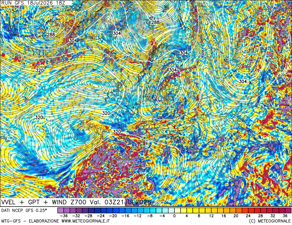mappa 700 hPa Velocità verticiali + GPT + Vento