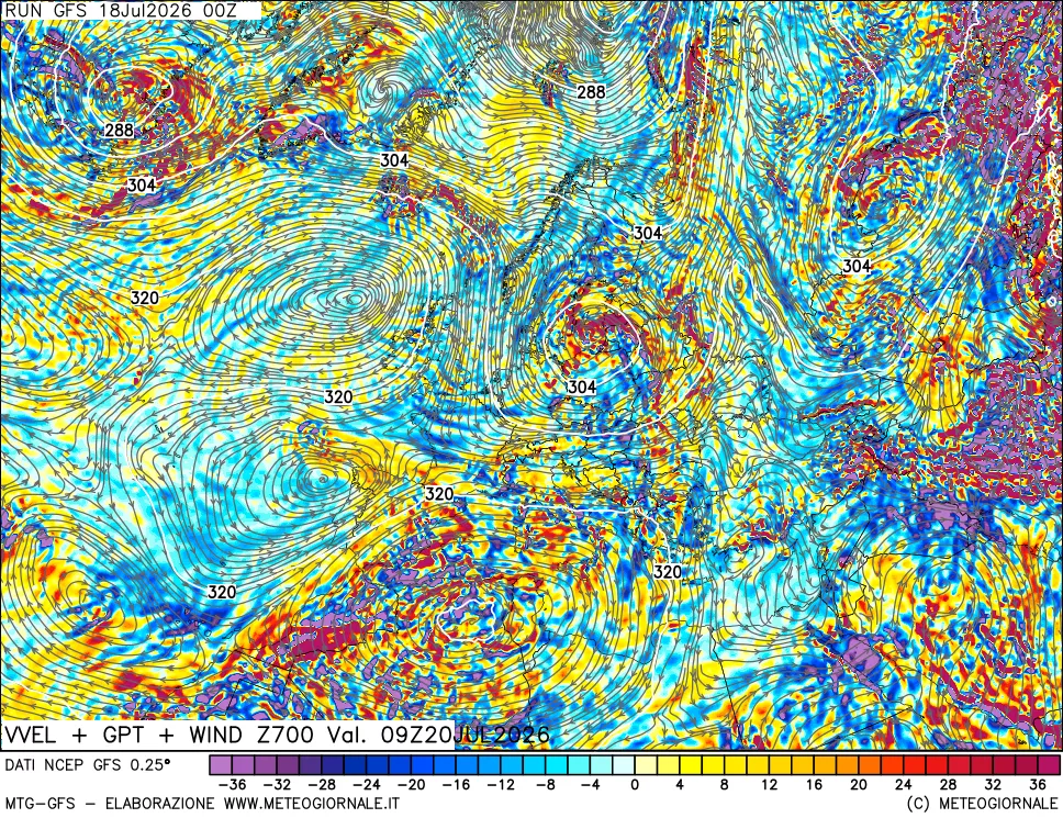mappa 700 hPa Velocità verticiali + GPT + Vento