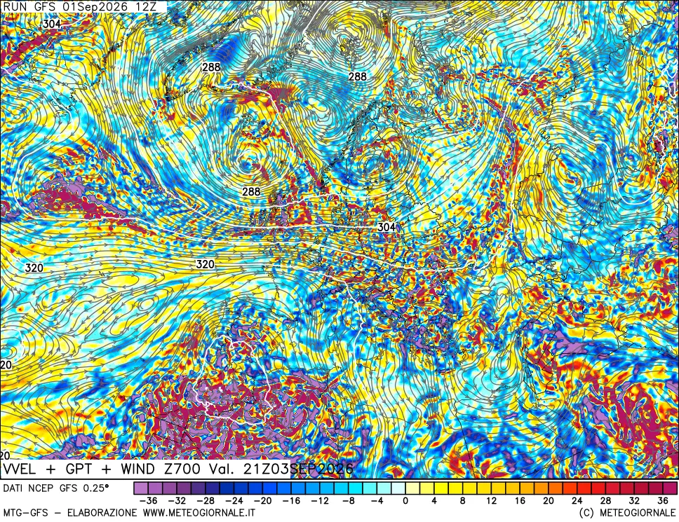 mappa 700 hPa Velocità verticiali + GPT + Vento