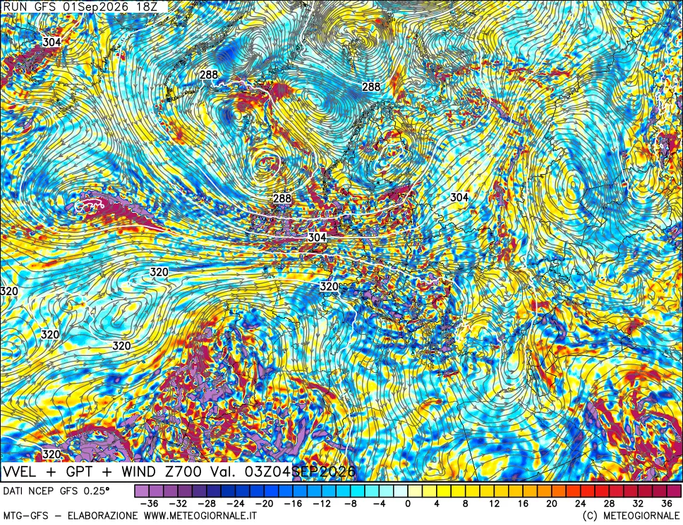 mappa 700 hPa Velocità verticiali + GPT + Vento
