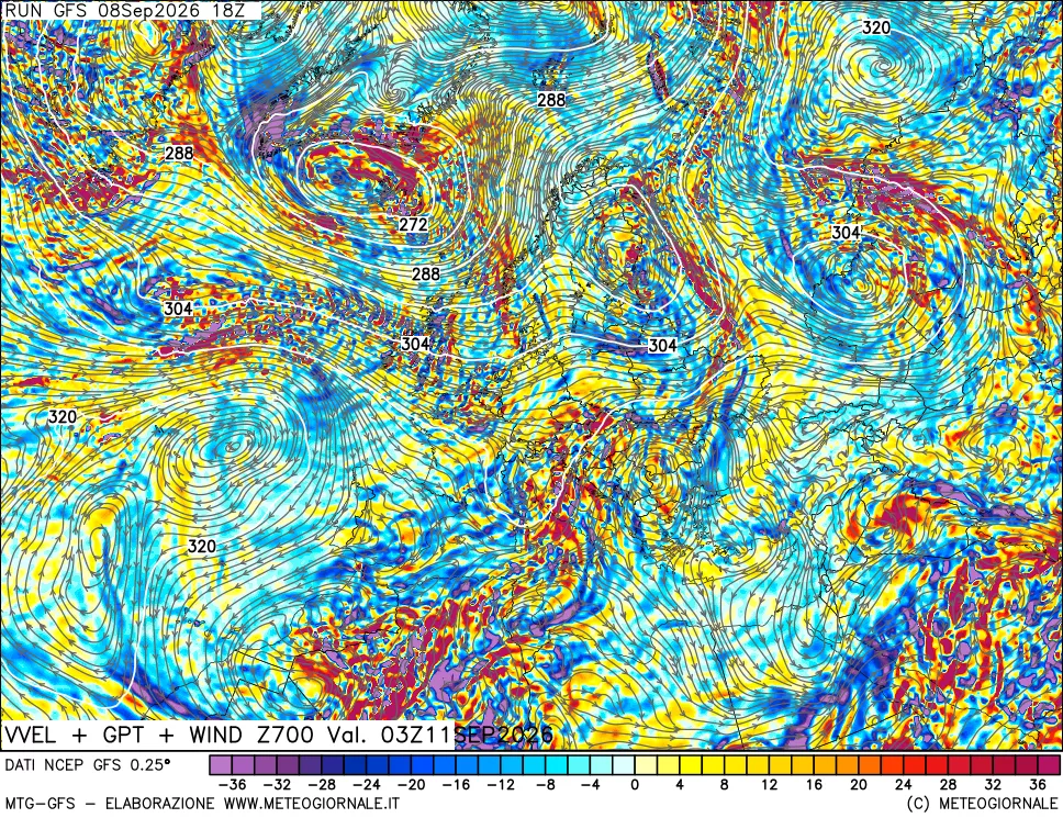 mappa 700 hPa Velocità verticiali + GPT + Vento