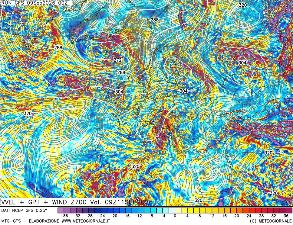 mappa 700 hPa Velocità verticiali + GPT + Vento