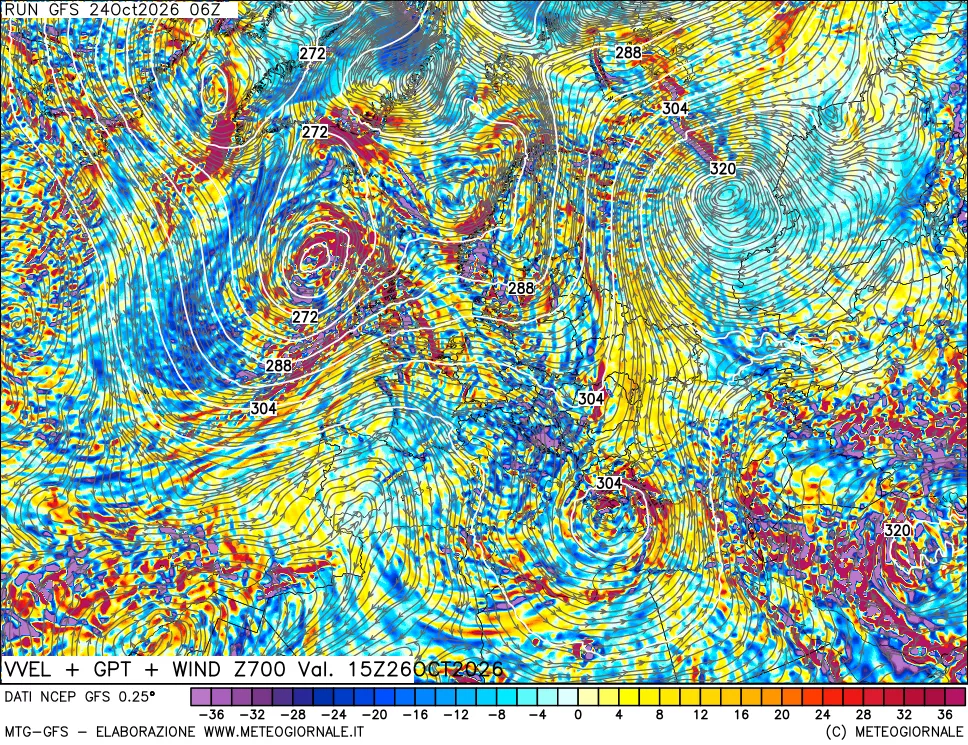 mappa 700 hPa Velocità verticiali + GPT + Vento