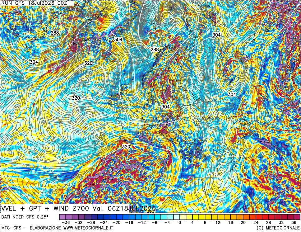 mappa 700 hPa Velocità verticiali + GPT + Vento