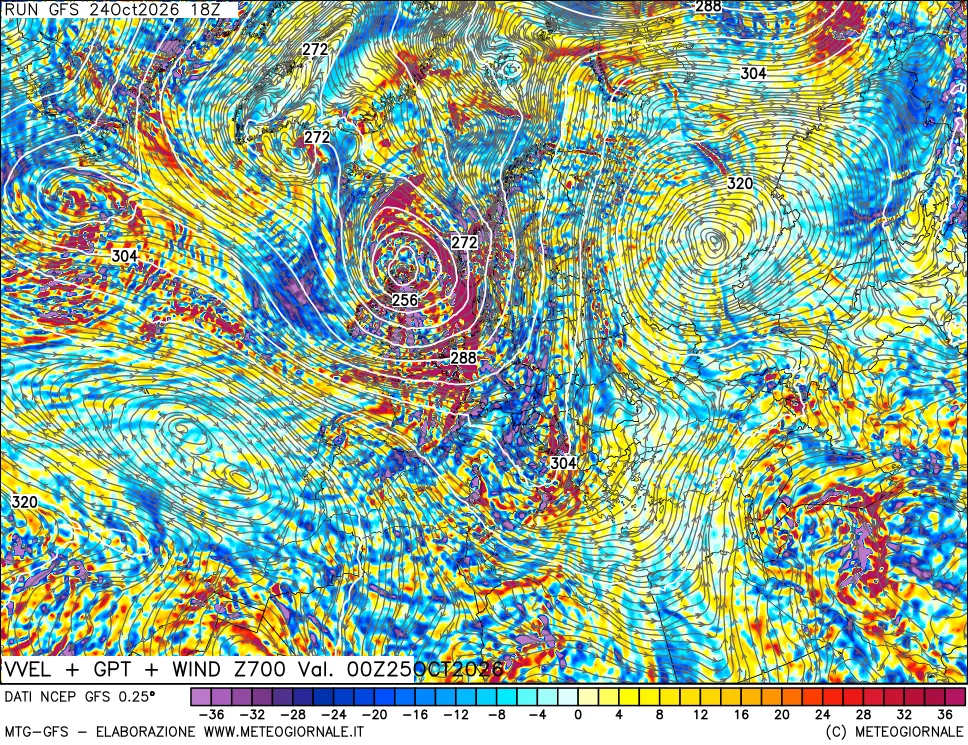 mappa 700 hPa Velocità verticiali + GPT + Vento