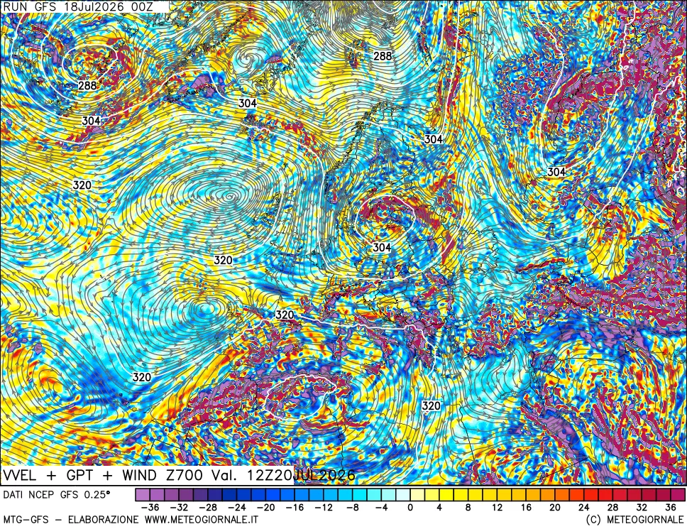 mappa 700 hPa Velocità verticiali + GPT + Vento
