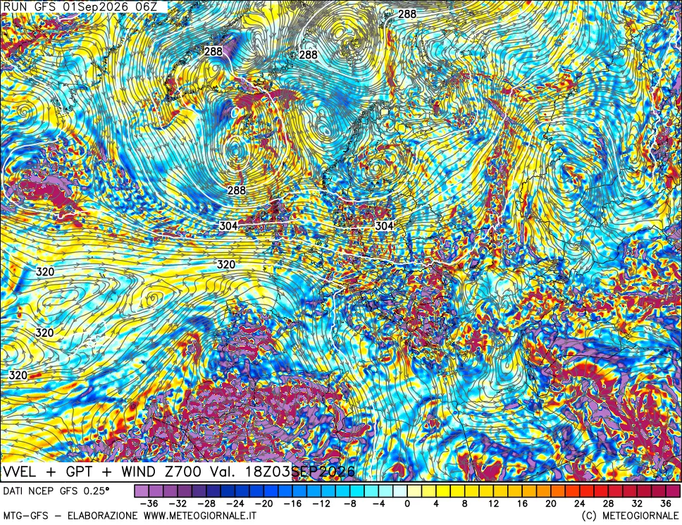 mappa 700 hPa Velocità verticiali + GPT + Vento