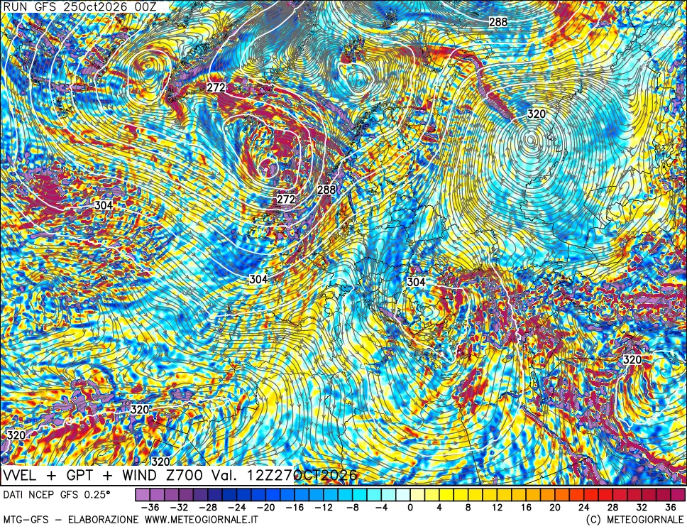 mappa 700 hPa Velocità verticiali + GPT + Vento