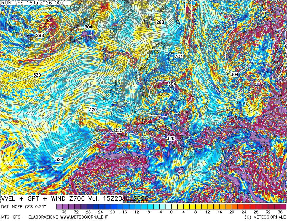 mappa 700 hPa Velocità verticiali + GPT + Vento