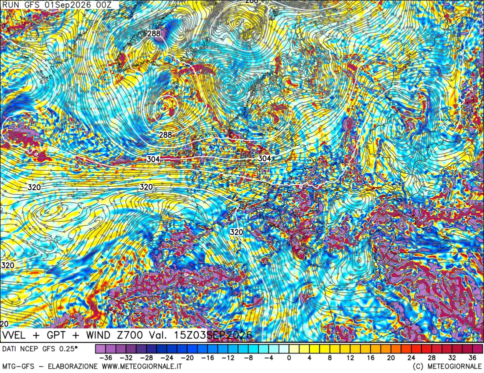 mappa 700 hPa Velocità verticiali + GPT + Vento