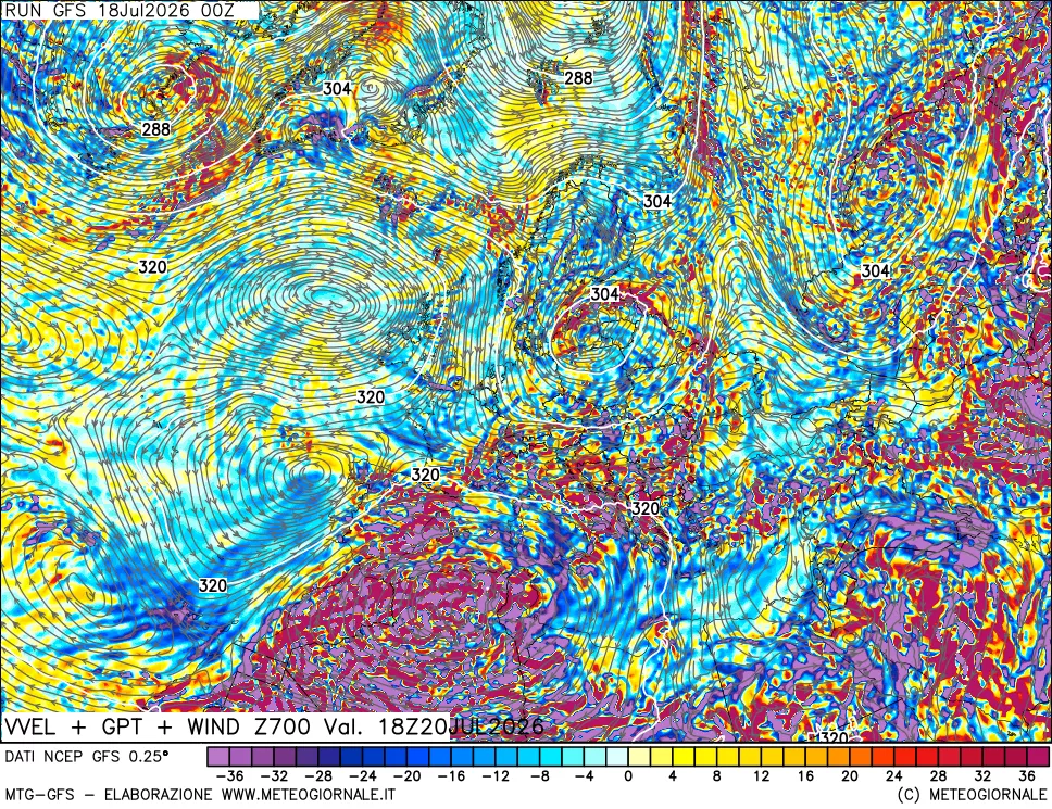 mappa 700 hPa Velocità verticiali + GPT + Vento