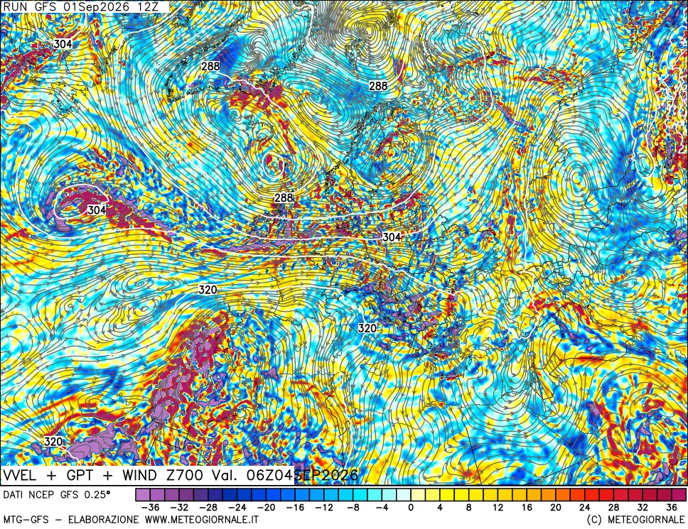 mappa 700 hPa Velocità verticiali + GPT + Vento